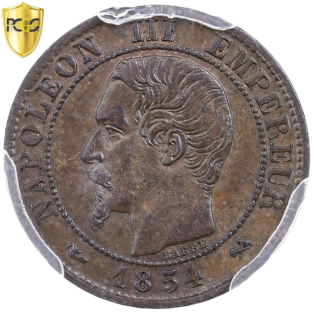 França, Napoleon III, 1 Centime, 1854, Rouen, Rara, Bronze, PCGS, AU58