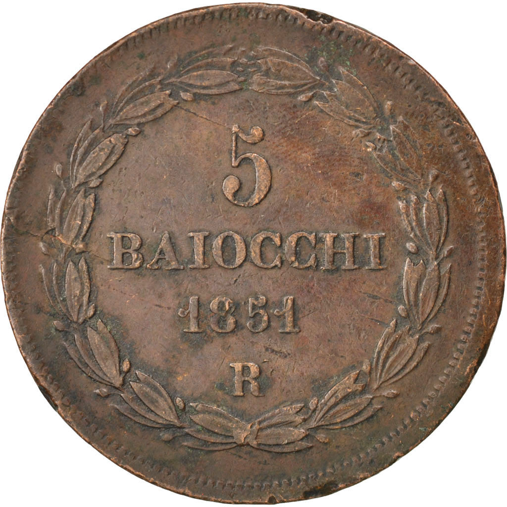 Moneta, STATI ITALIANI, PAPAL STATES, Pius IX, 5 Baiocchi, 1851, Roma, MB, Rame