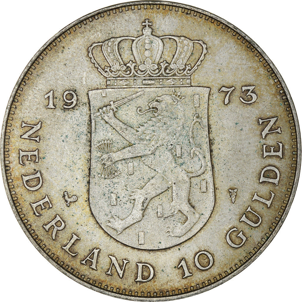 Países Bajos, Juliana, 10 Gulden, 1973, EBC+, Plata, KM:196