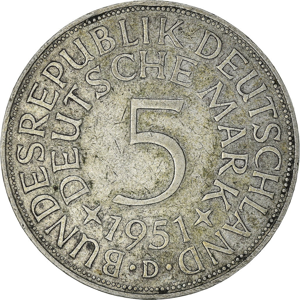 Moneda, ALEMANIA - REPÚBLICA FEDERAL, 5 Mark, 1951, Munich, MBC, Plata