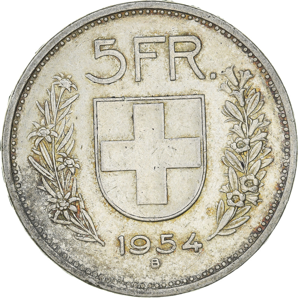 Coin, Switzerland, 5 Francs, 1954, Bern, EF(40-45), Silver, KM:40