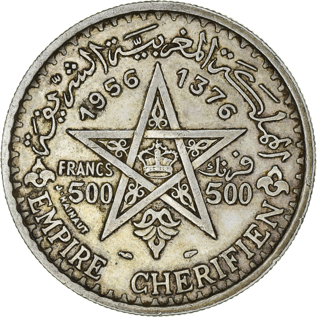 Moeda, Marrocos, Mohammed V, 500 Francs, 1956, Paris, EF(40-45), Prata, KM:54