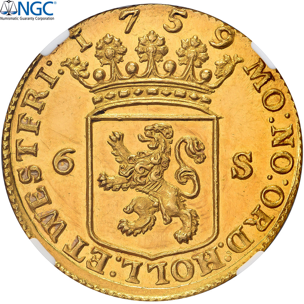 Paesi Bassi, 6 Stuivers, 1759, Dordrecht, Oro, NGC, MS62, Delmonte:816