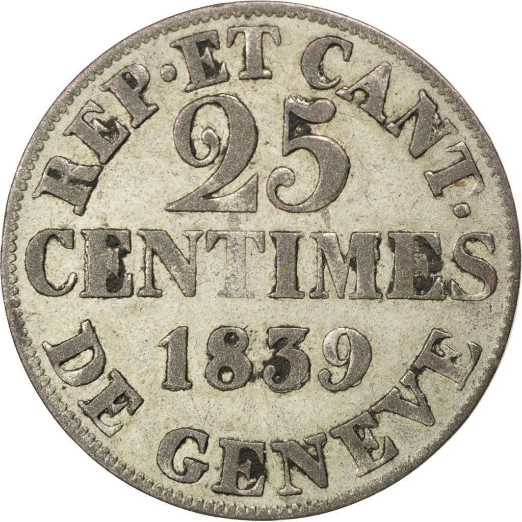 Coin, SWISS CANTONS, GENEVA, 25 Centimes, 1839, EF(40-45), Billon, KM:129