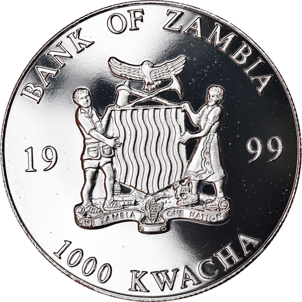 Coin, Zambia, 1000 Kwacha, 1999, British Royal Mint, MS(63), Silver plated