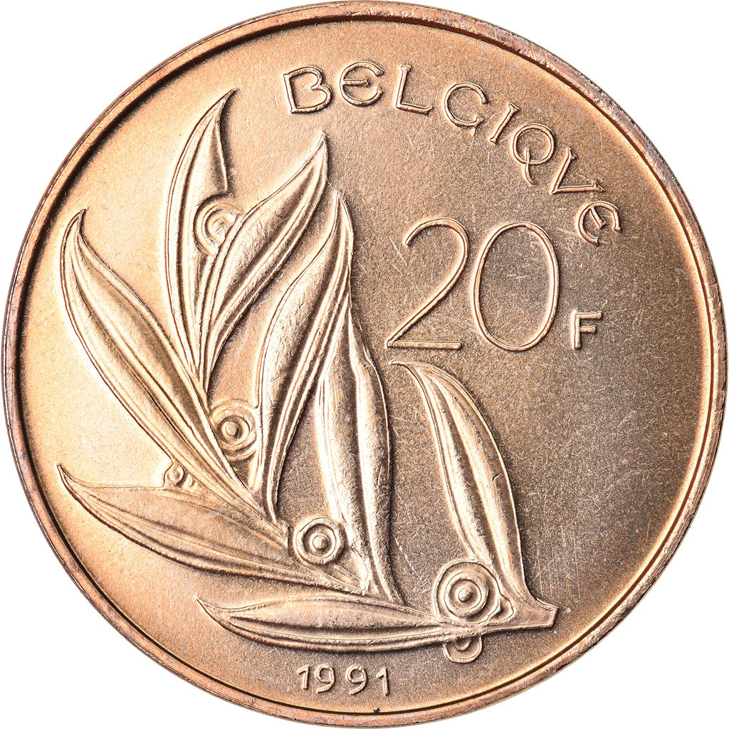 Coin, Belgium, 20 Francs, 20 Frank, 1991, MS(64), Nickel-Bronze, KM:159