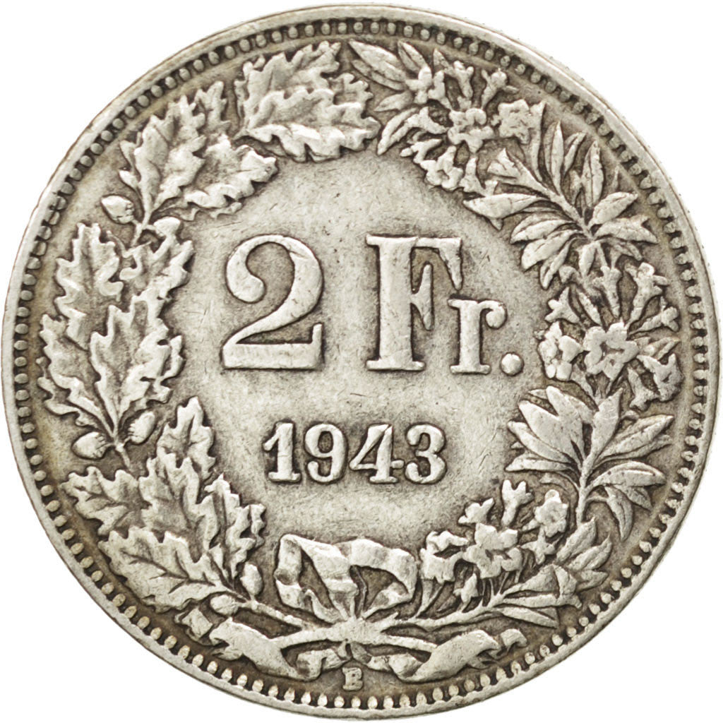 Coin, Switzerland, 2 Francs, 1943, Bern, EF(40-45), Silver, KM:21