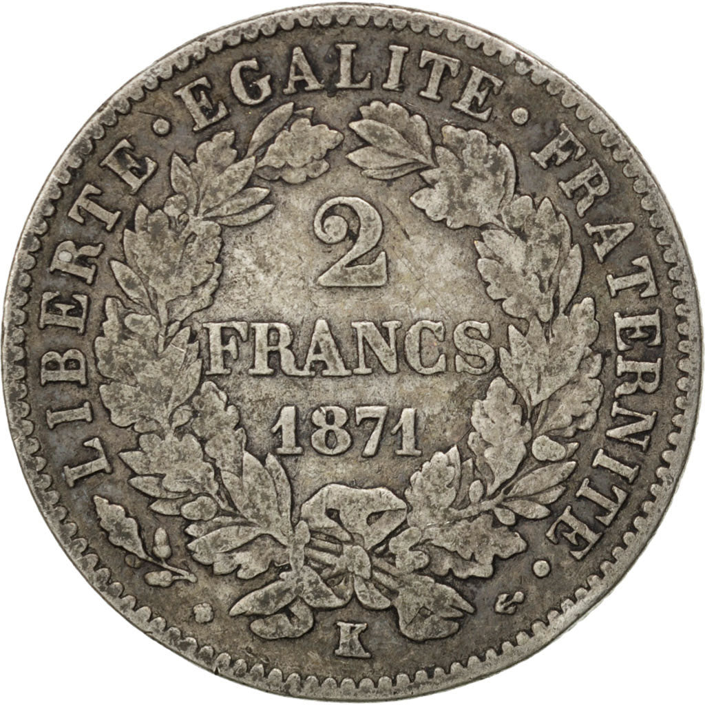 Coin, France, Cérès, 2 Francs, 1871, Bordeaux, VF(20-25), Silver, KM:817.2
