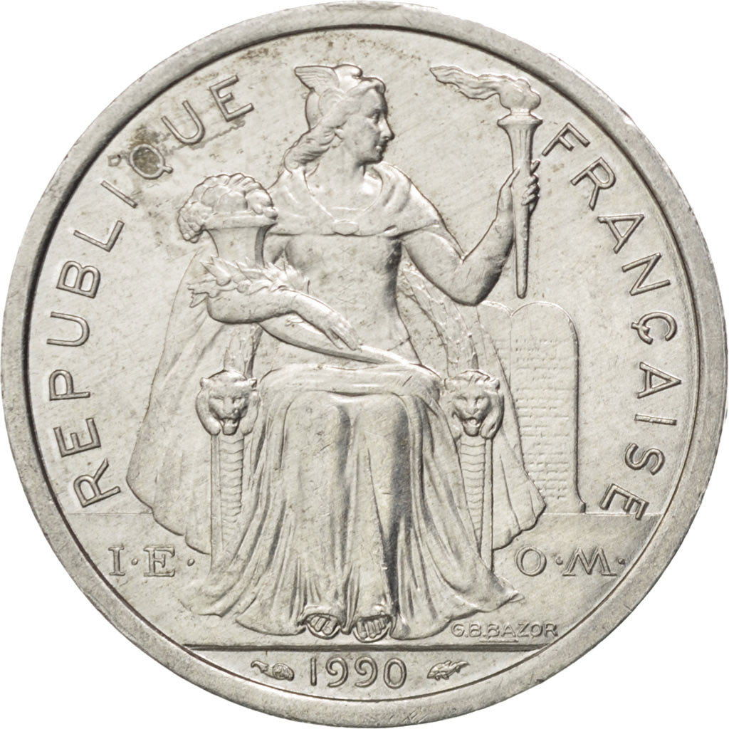 Coin, French Polynesia, 2 Francs, 1990, AU(50-53), Aluminum, KM:10, Lecompte:41