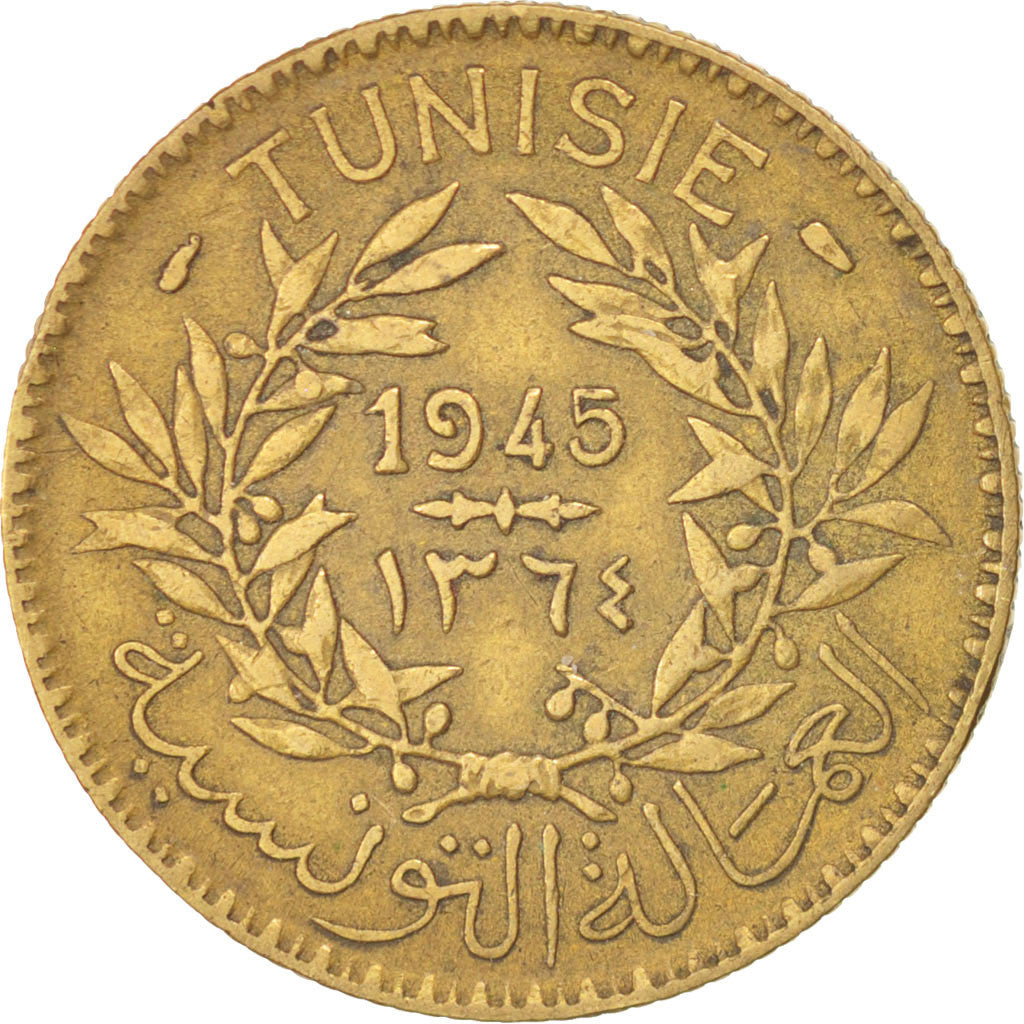 Coin, Tunisia, Anonymous, 2 Francs, 1945, EF(40-45), Aluminum-Bronze, KM:248
