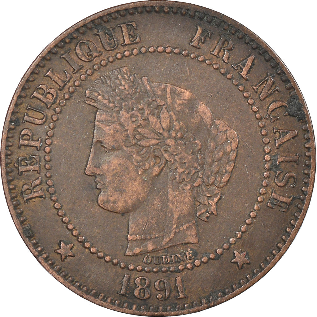 Moneda, Francia, Cérès, 2 Centimes, 1891, Paris, BC+, Bronce, KM:827.1