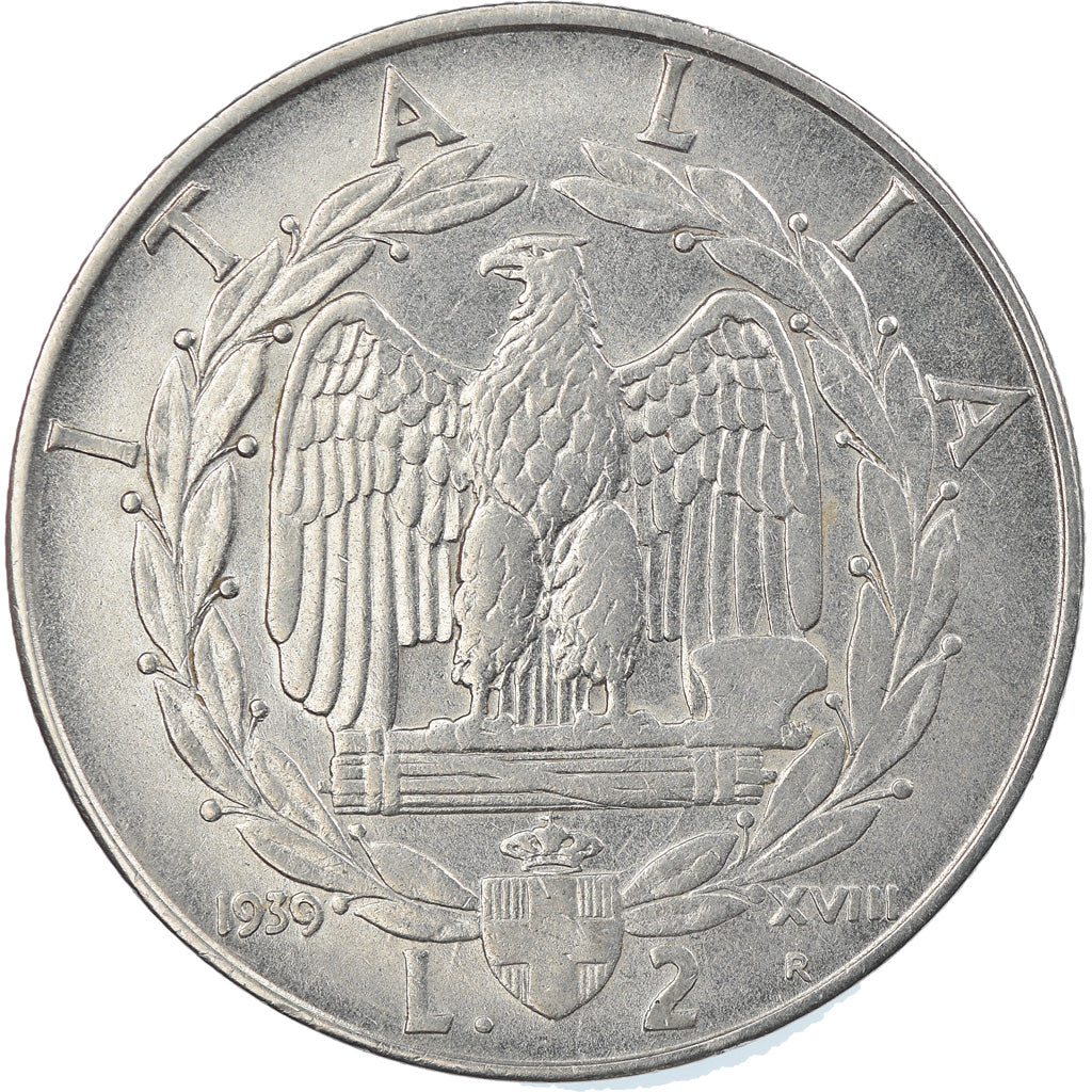 Moeda, Itália, Vittorio Emanuele III, 2 Lire, 1939, Rome, MS(63), Aço