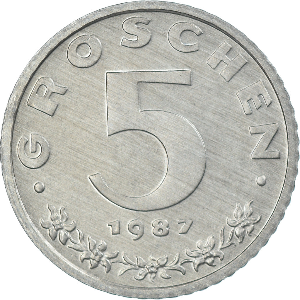 Moeda, Áustria, 5 Groschen, 1987, Proof, MS(65-70), Zinco, KM:2875
