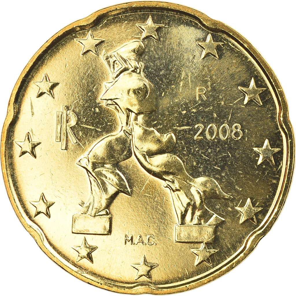Włochy, 20 Euro Cent, 2008, Rome, MS(65-70), Mosiądz, KM:248