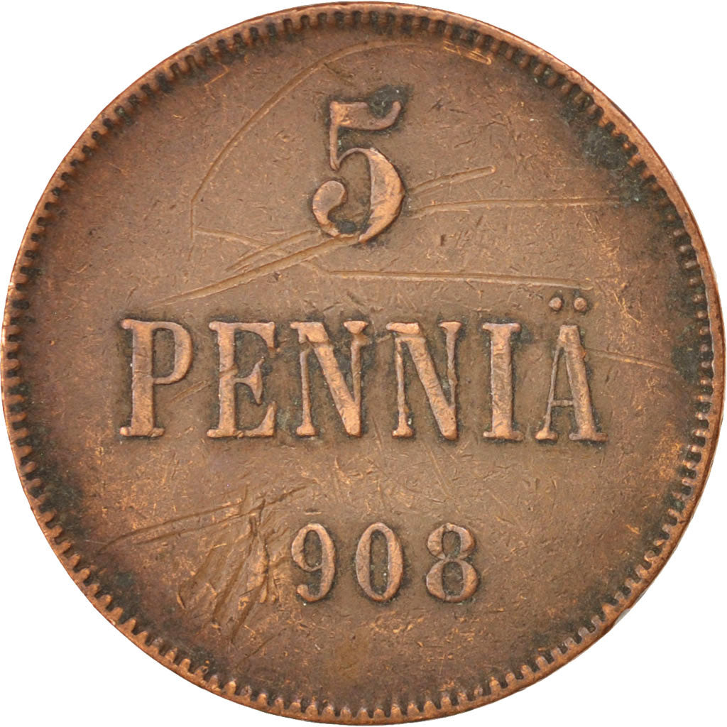 Coin, Finland, Nicholas II, 5 Pennia, 1908, EF(40-45), Copper, KM:15