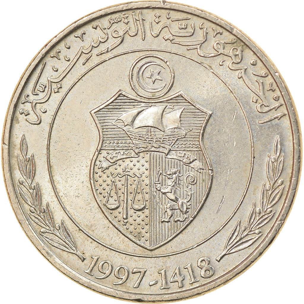 Moneta, Tunisia, 1/2 Dinar, 1997/AH1418, Paris, AU(55-58), Miedź-Nikiel, KM:346