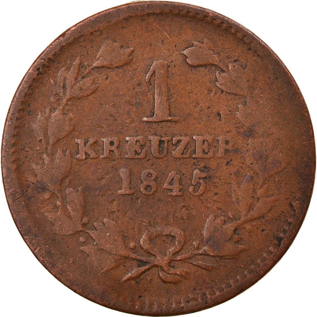 Moneta, Stati tedeschi, BADEN, Leopold I, Kreuzer, 1845, MB, Rame, KM:218.1