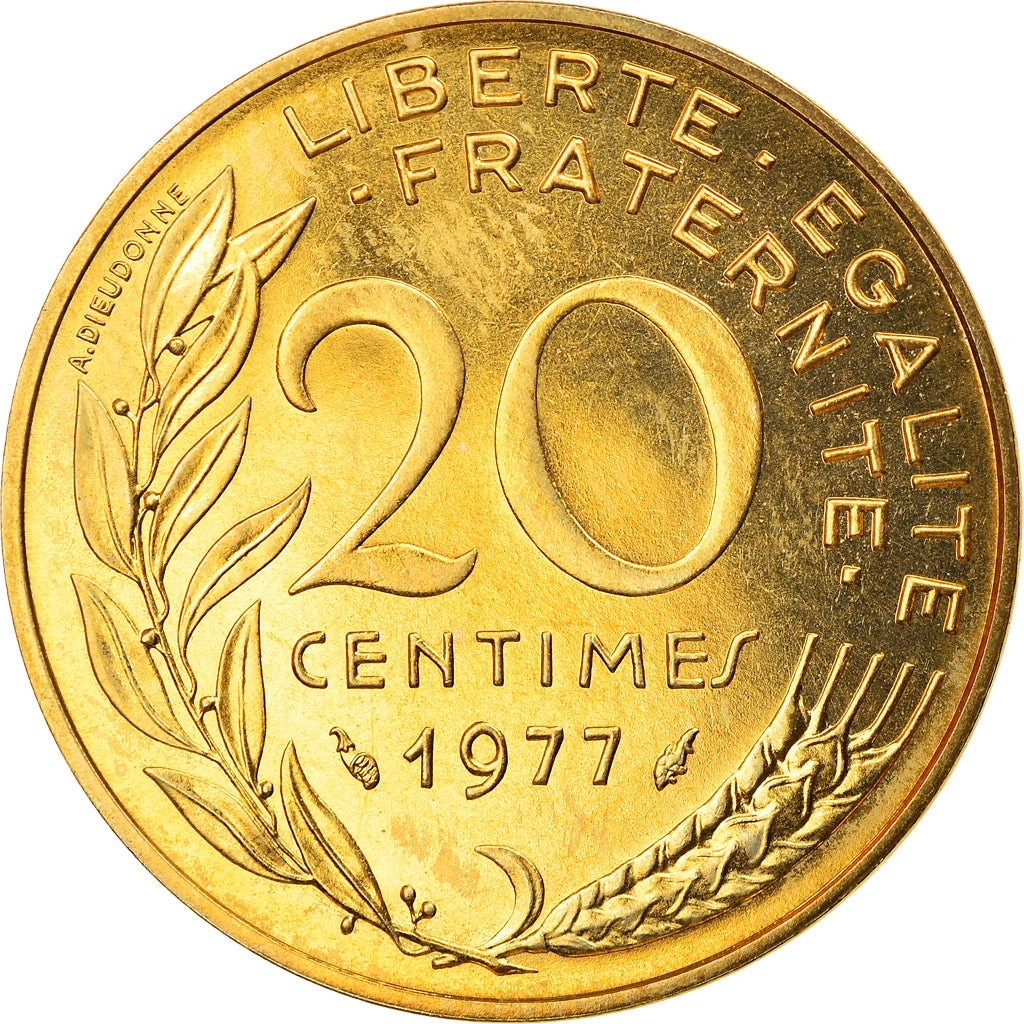 Moeda, França, Marianne, 20 Centimes, 1977, Paris, MS(63), Alumínio-Bronze