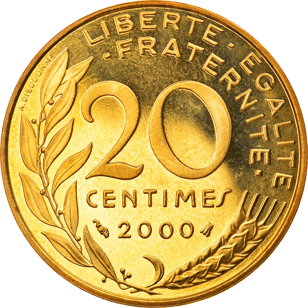 Moeda, França, Marianne, 20 Centimes, 2000, Paris, BE, MS(63)