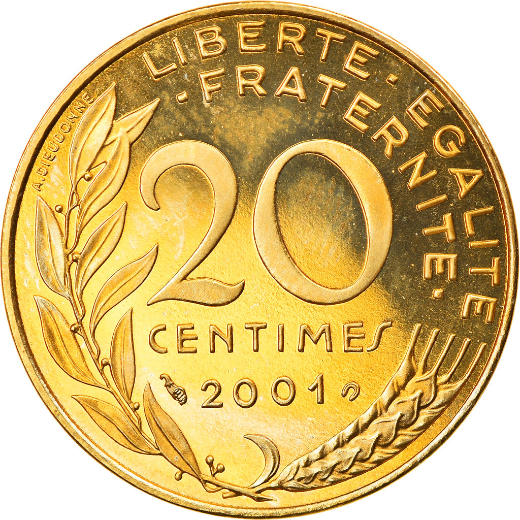 Moeda, França, Marianne, 20 Centimes, 2001, Paris, BE, MS(63)