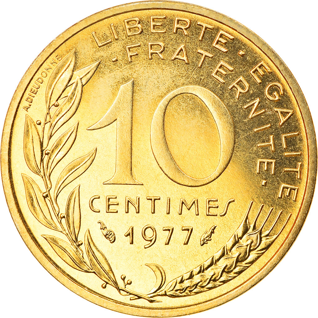 Moneta, Francja, Marianne, 10 Centimes, 1977, Paris, MS(63), Aluminium-Brąz