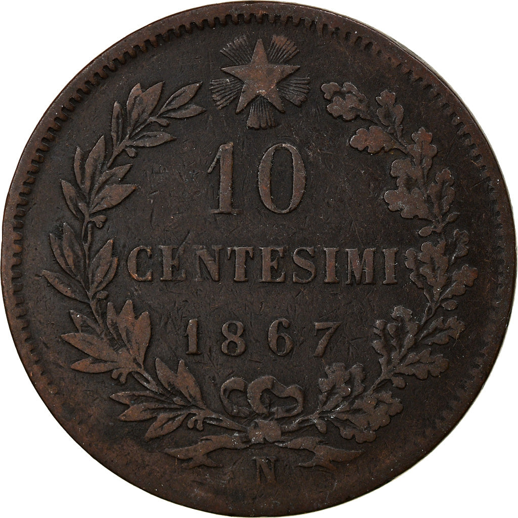 Moneda, Italia, Vittorio Emanuele II, 10 Centesimi, 1867, Naples, BC+, Cobre