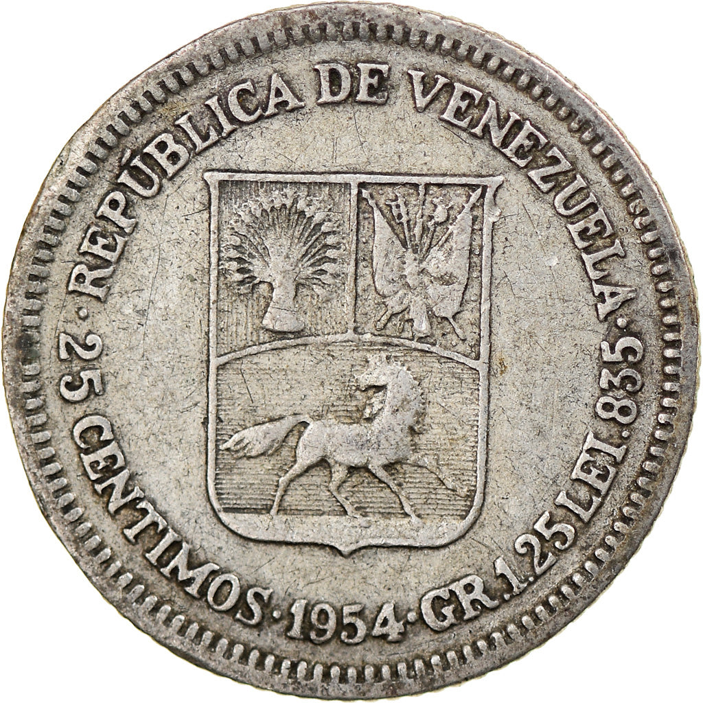 Coin, Venezuela, 25 Centimos, 1954, EF(40-45), Silver, KM:35
