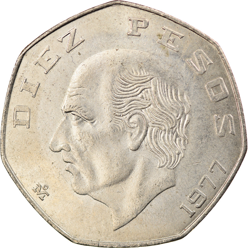 Moneda, México, 10 Pesos, 1977, Mexico City, SC, Cobre - níquel, KM:477.1