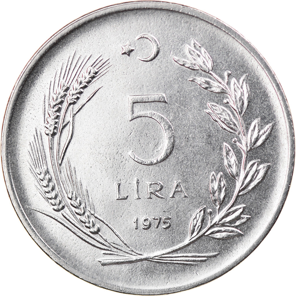 Moneta, Turcja, 5 Lira, 1975, AU(55-58), Stal nierdzewna, KM:905