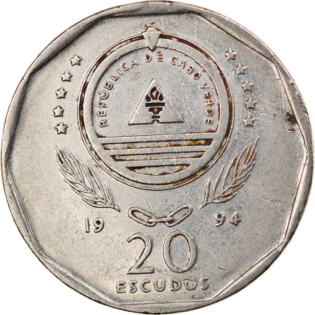 Moeda, Cabo Verde, 20 Escudos, 1994, EF(40-45), Aço Niquelado, KM:33