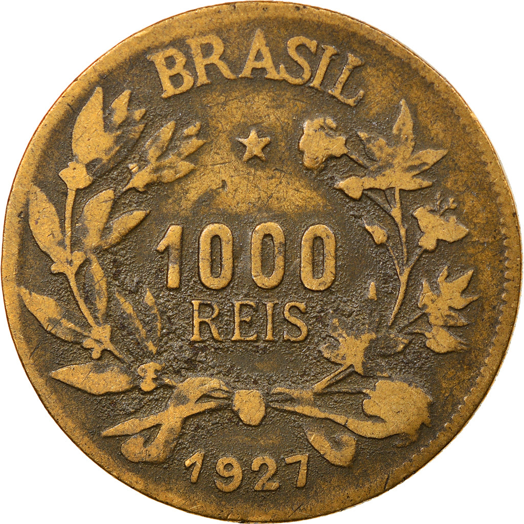 Moneta, Brazylia, 1000 Reis, 1927, VF(30-35), Aluminium-Brąz, KM:525