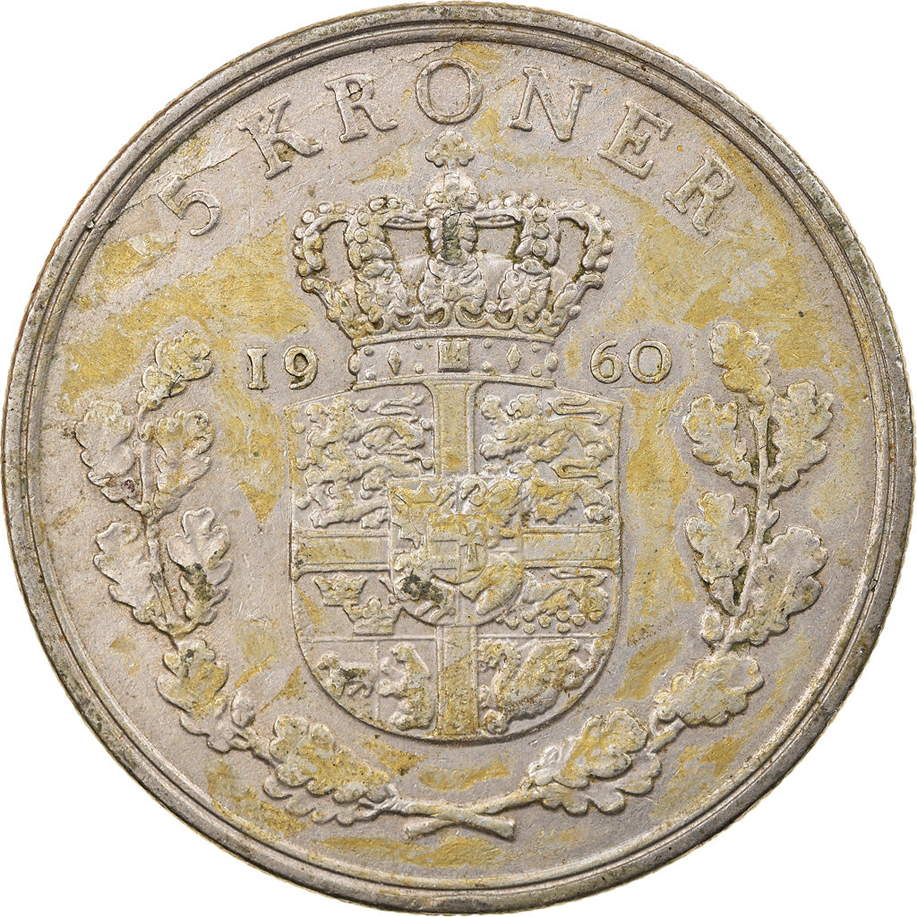 Moneda, Dinamarca, Frederik IX, 5 Kroner, 1960, Copenhagen, BC+, Cobre -