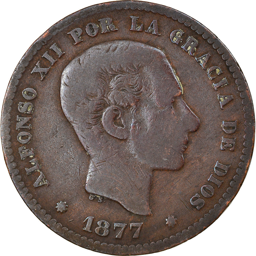 Moneta, Hiszpania, Alfonso XII, 5 Centimos, 1877, Madrid, VF(20-25), Bronze