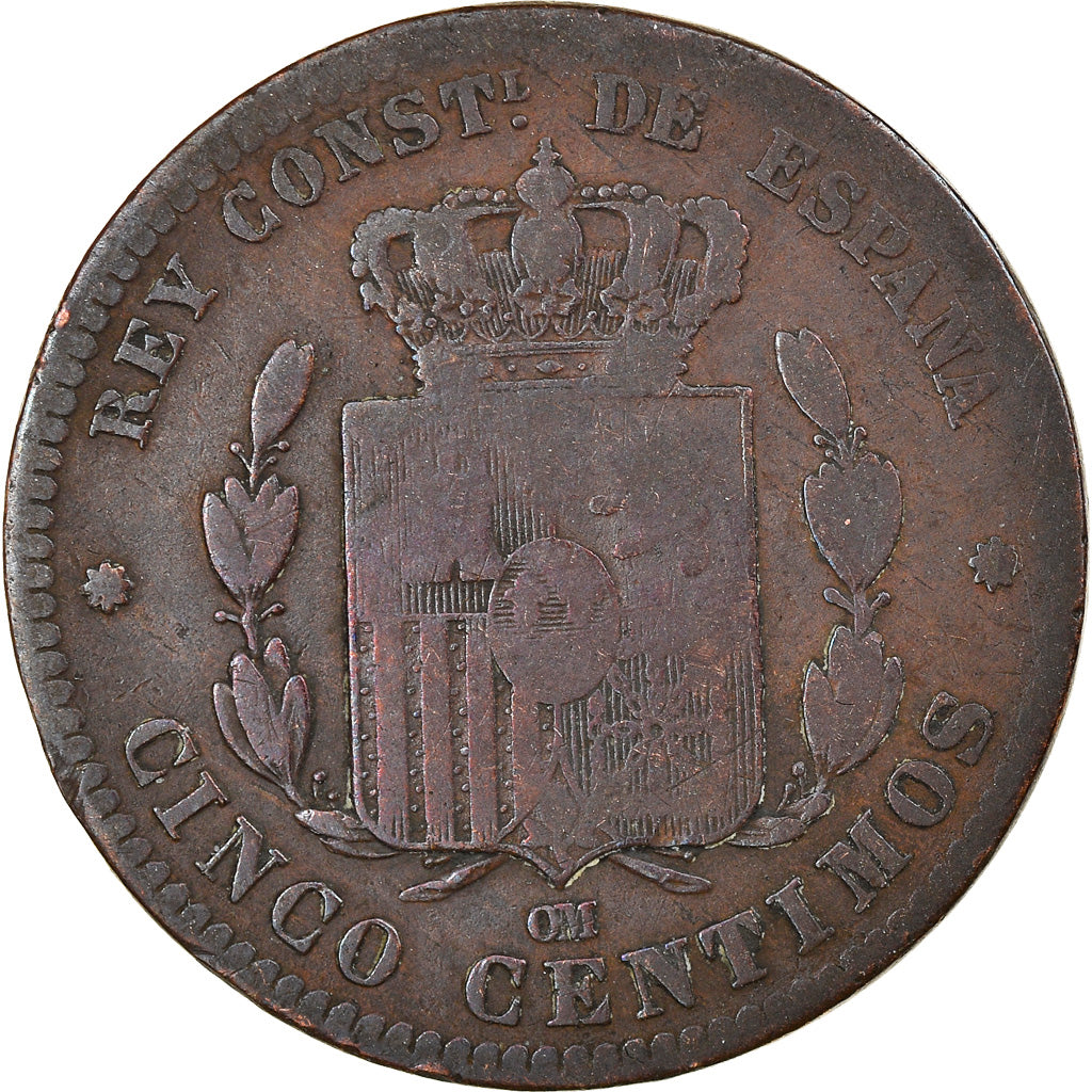 Moneta, Hiszpania, Alfonso XII, 5 Centimos, 1877, Madrid, VF(20-25), Bronze
