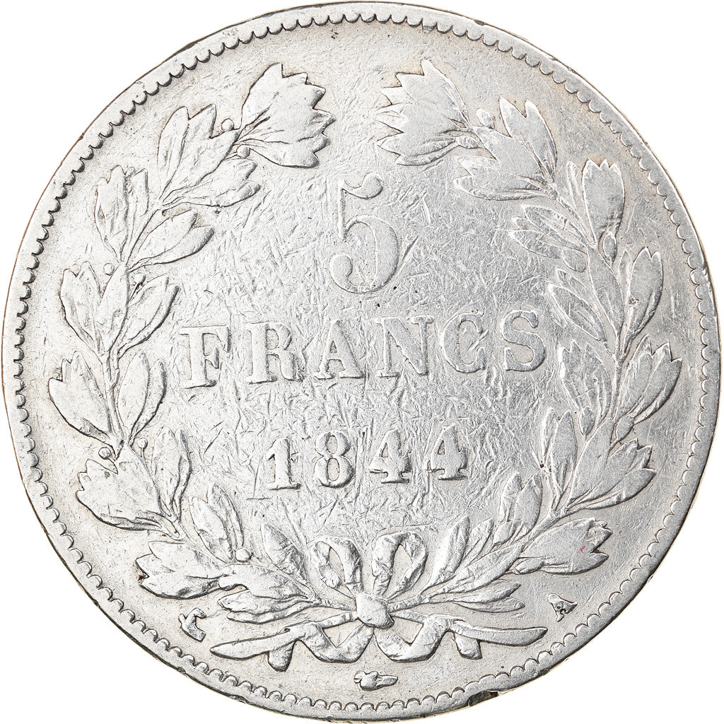 Moneda, Francia, Louis-Philippe, 5 Francs, 1844, Paris, BC+, Plata, KM:749.1
