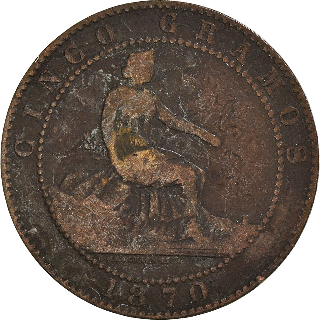 Moneta, Spagna, 5 Centimos, 1870