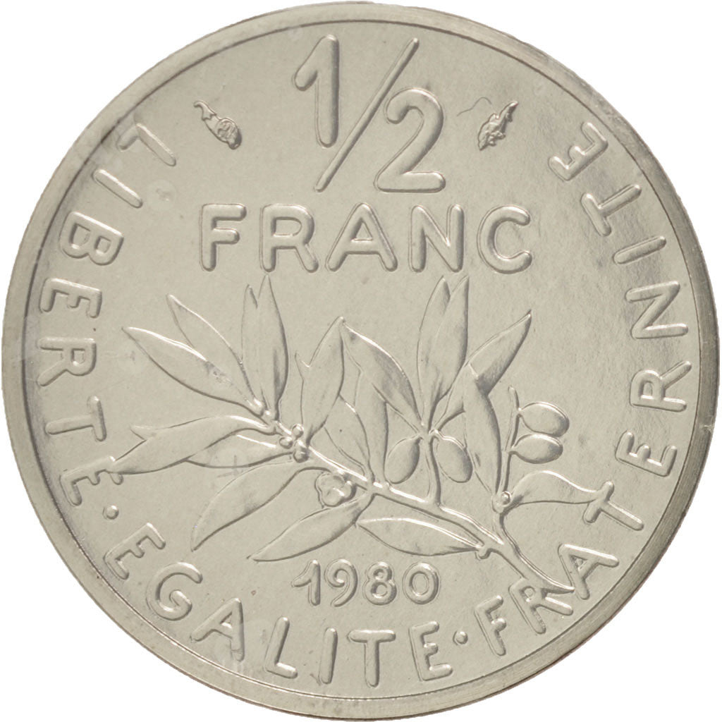 Coin, France, 1/2 Franc, 1980, MS(65-70), Nickel, KM:P665, Gadoury:91.P1