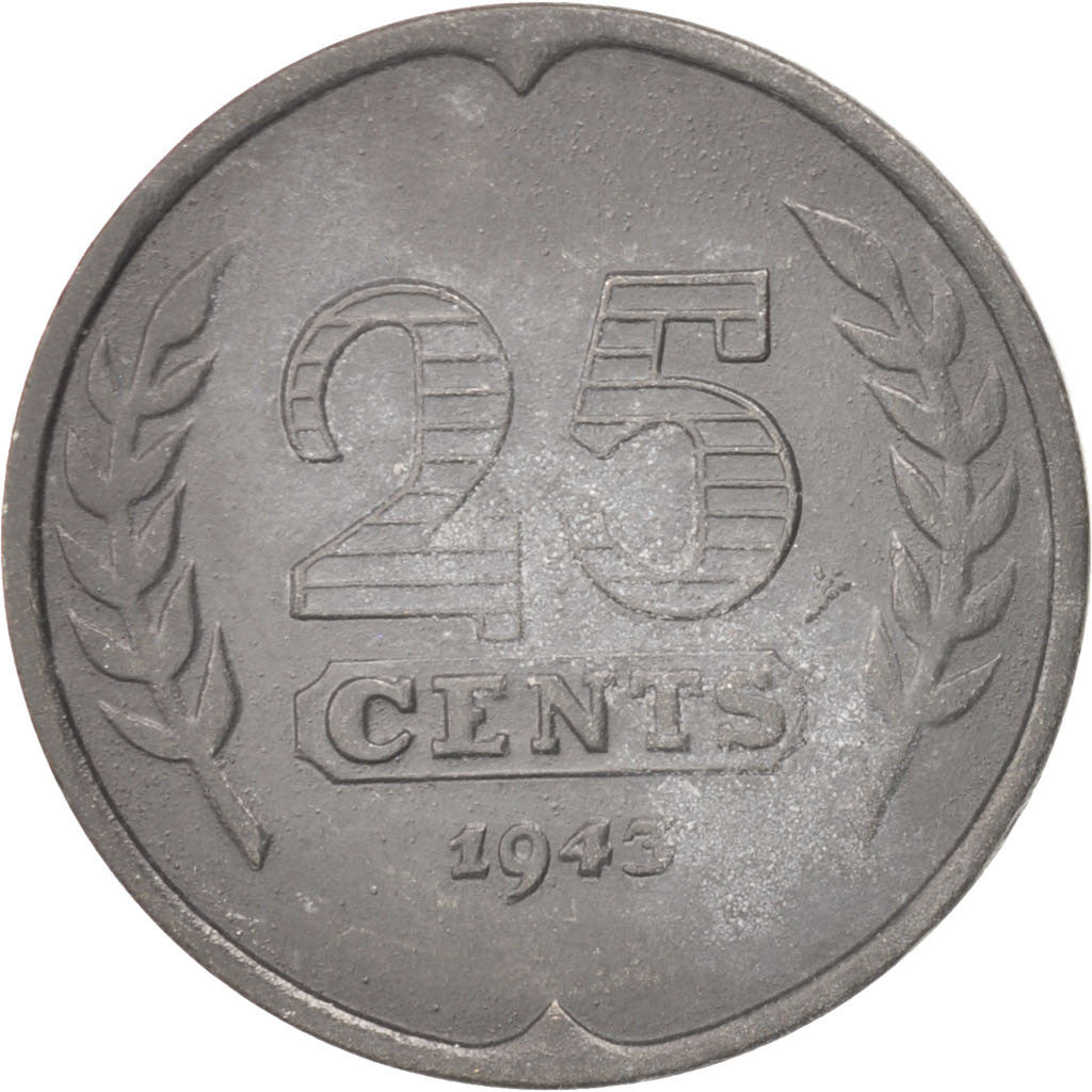Munten, Nederland, Wilhelmina I, 25 Cents, 1943, ZF, Zinc, KM:174