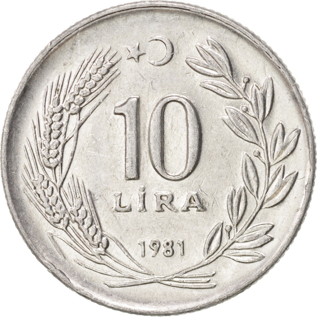 Coin, Turkey, 10 Lira, 1981, AU(55-58), Aluminum, KM:945