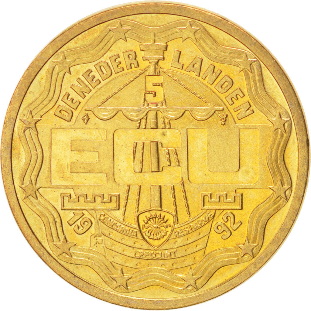 Coin, Netherlands, Beatrix, 5 Ecu, 1992, MS(63), Brass, KM:48