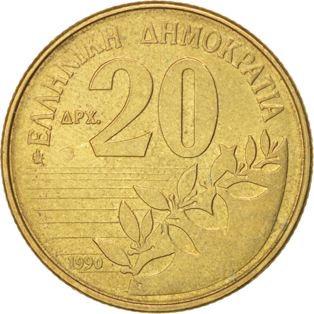 Coin, Greece, 20 Drachmes, 1990, AU(50-53), Aluminum-Bronze, KM:154