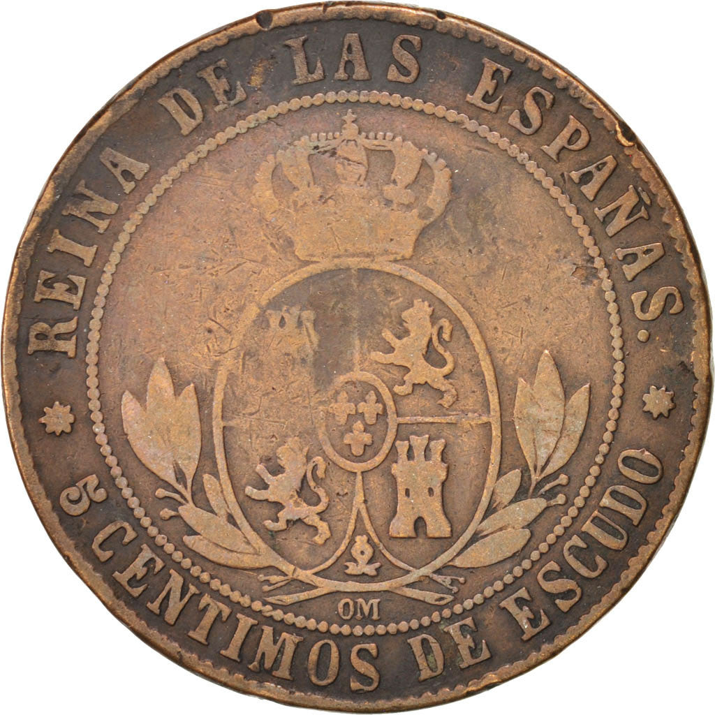 Coin, Spain, Isabel II, 5 Centimos, 1867, F(12-15), Copper, KM:635.1