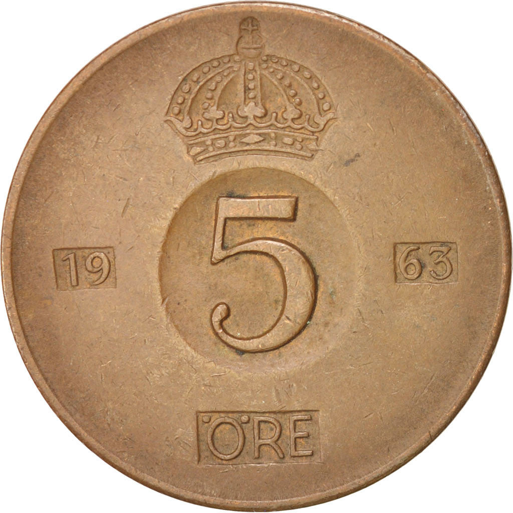 Moneta, Svezia, Gustaf VI, 5 Öre, 1963, BB, Bronzo, KM:822