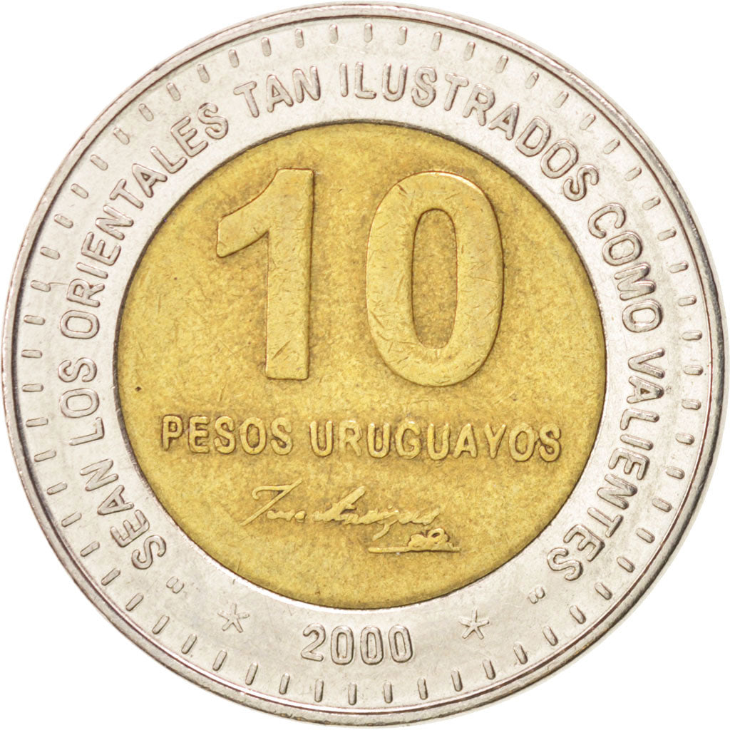 Moneta, Uruguay, 10 Pesos Uruguayos, 2000, BB, Bi-metallico, KM:121