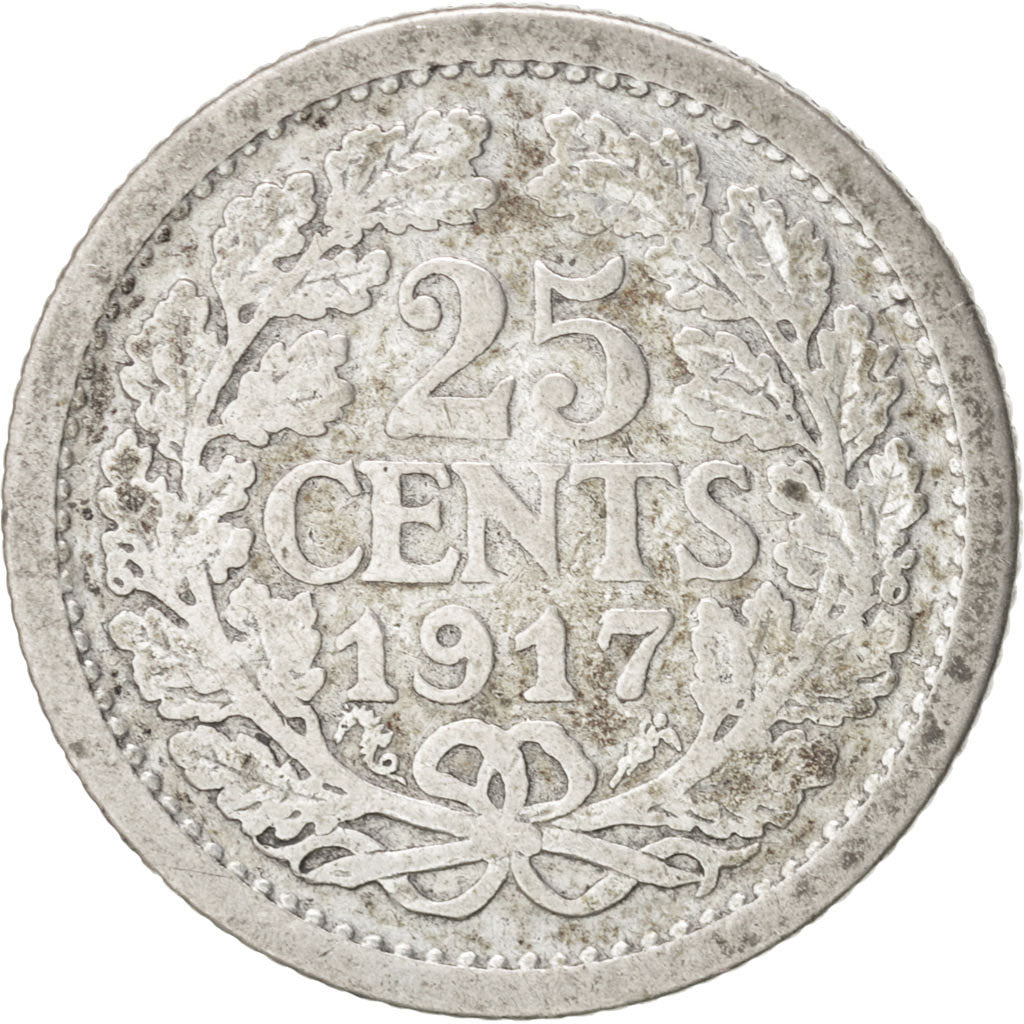 Coin, Netherlands, Wilhelmina I, 25 Cents, 1917, VF(30-35), Silver, KM:146