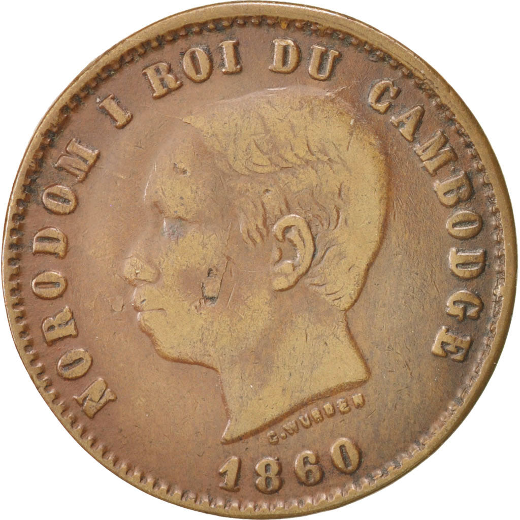 Münze, Kambodscha, 10 Centimes, 1860, SS, Bronze, KM:M3