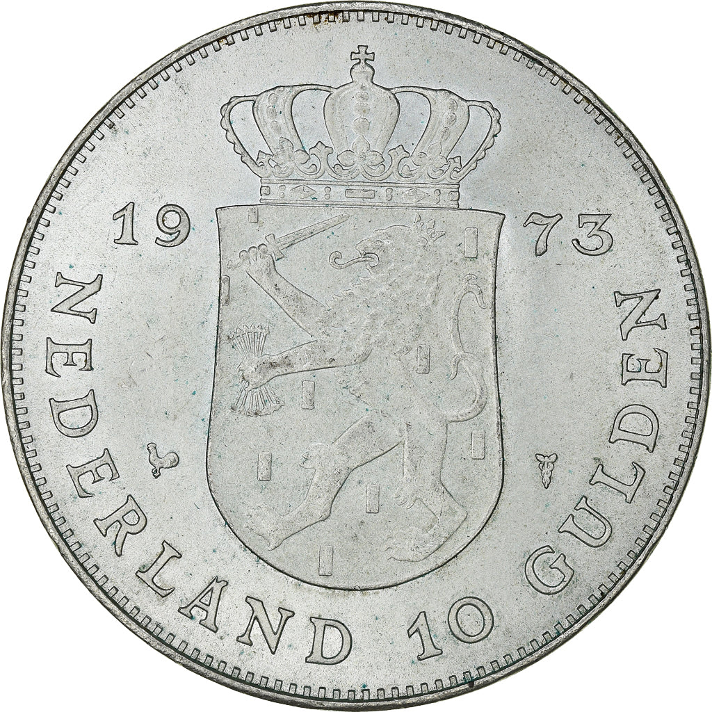 Netherlands, Juliana, 10 Gulden, 1973, MS(60-62), Silver, KM:196