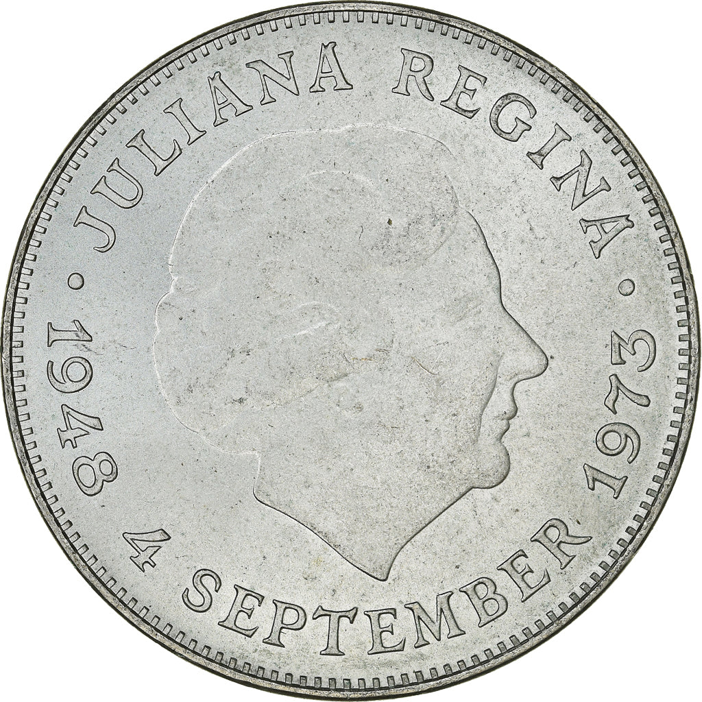 Netherlands, Juliana, 10 Gulden, 1973, MS(60-62), Silver, KM:196