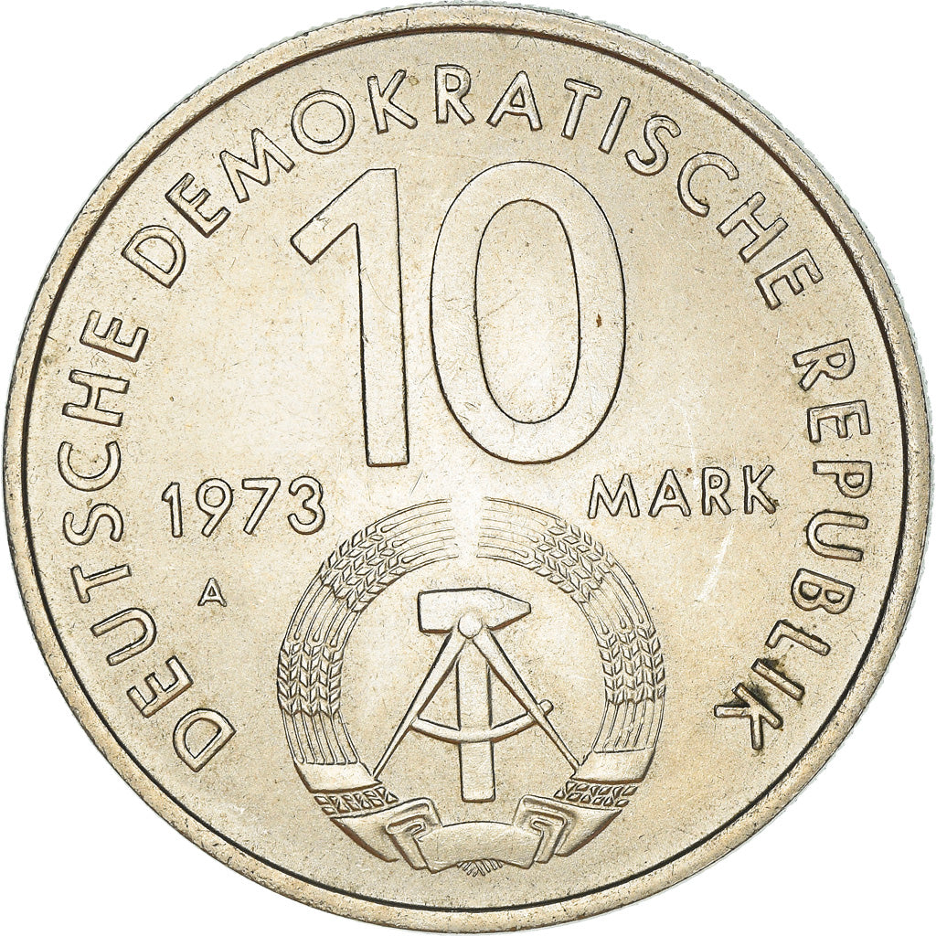 Moeda, ALEMANHA - REPÚBLICA DEMOCRÁTICA, 10 Mark, 1973, Berlin, AU(50-53)