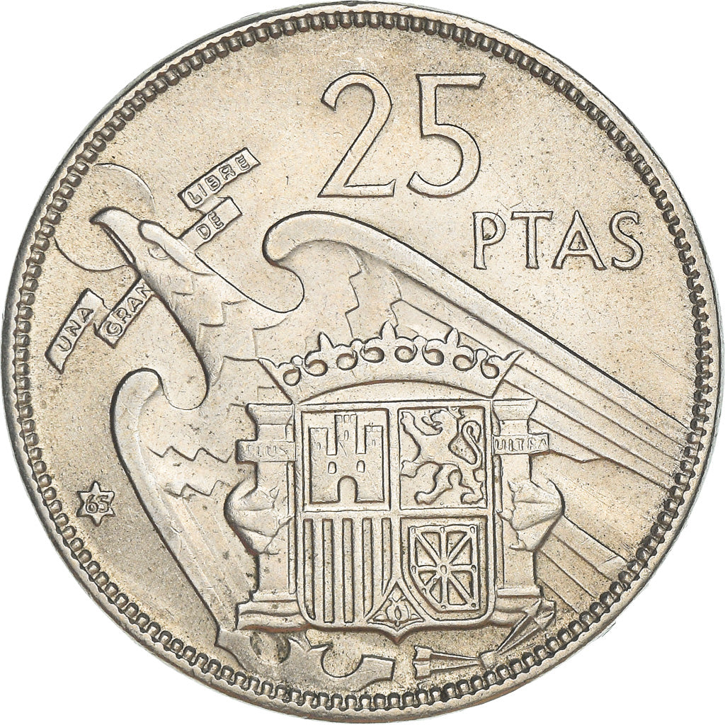 Moneta, Hiszpania, Caudillo and regent, 25 Pesetas, 1965, AU(55-58)